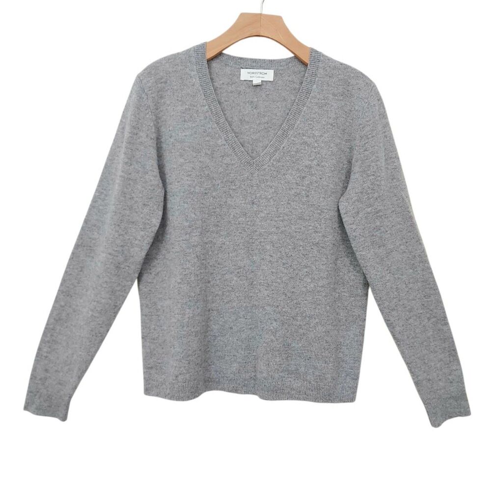 Nordstrom Sweater Womens Large Grey 100% Cashmere V-Neck Pullover Knit